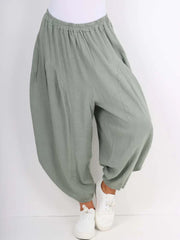 Italian Relaxed Fit Harem Linen Pants - Khaki