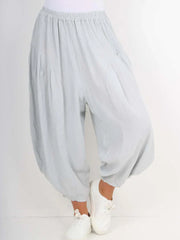 Italian Relaxed Fit Harem Linen Pants - Light Grey