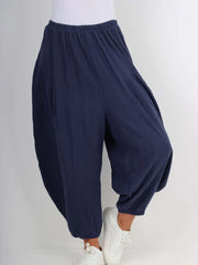 Italian Relaxed Fit Harem Linen Pants - Navy