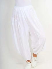 Italian Relaxed Fit Harem Linen Pants - White