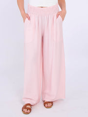 Italian Smocked Elasticated Waist Plain Palazzo Trousers - Baby Pink