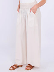 Italian Smocked Elasticated Waist Plain Palazzo Trousers - Beige