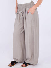 Italian Smocked Elasticated Waist Plain Palazzo Trousers - Mocha
