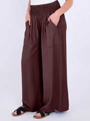 Italian Smocked Elasticated Waist Plain Palazzo Trousers - Plum