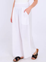 Italian Smocked Elasticated Waist Plain Palazzo Trousers - White