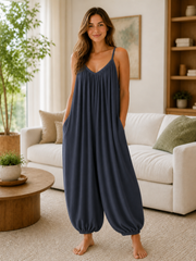 Italian Strappy Harem Style Jumpsuit With Side Pockets - Navy