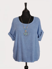 Italian Vintage Dye Linen Blend Top with Necklace - Denim