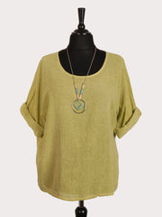 Italian Vintage Dye Linen Blend Top with Necklace - Lime Green