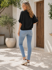 Made In Italy Wrap-front Flowy Cropped Batwing Top With Elastic Hem - Black