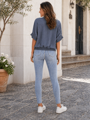 Made In Italy Wrap-front Flowy Cropped Batwing Top With Elastic Hem - Denim