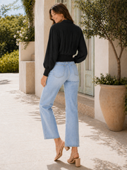 Made In Italy Wrap-front Flowy Cropped Top With Elastic Hem - Black