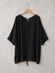 Plus Size Italian Ruched Detail Batwing Linen Top - Black
