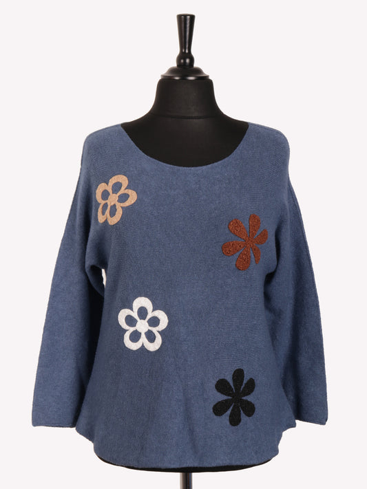 Italian Embossed Flower Soft Knit Jumper - Denim