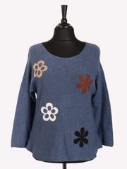 Italian Embossed Flower Soft Knit Jumper - Denim