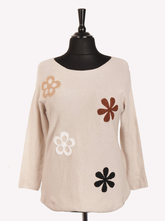 Italian Embossed Flower Soft Knit Jumper - Beige