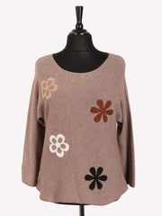 Italian Embossed Flower Soft Knit Jumper - Mocha