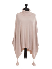 Italian Cowl Neck Batwing Tassels Poncho - Beige