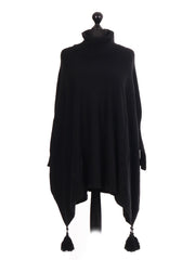 Italian Cowl Neck Batwing Tassels Poncho - Black