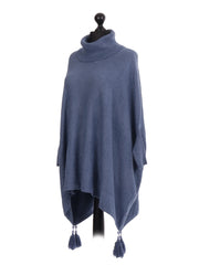 Italian Cowl Neck Batwing Tassels Poncho - Denim