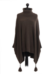 Italian Cowl Neck Batwing Tassels Poncho - Khaki