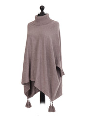 Italian Cowl Neck Batwing Tassels Poncho - Mocha