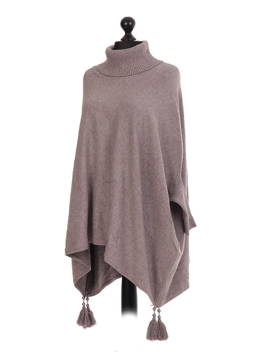 Italian Cowl Neck Batwing Tassels Poncho - Mocha