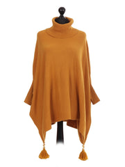 Italian Cowl Neck Batwing Tassels Poncho - Mustard