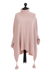 Italian Cowl Neck Batwing Tassels Poncho - Baby Pink