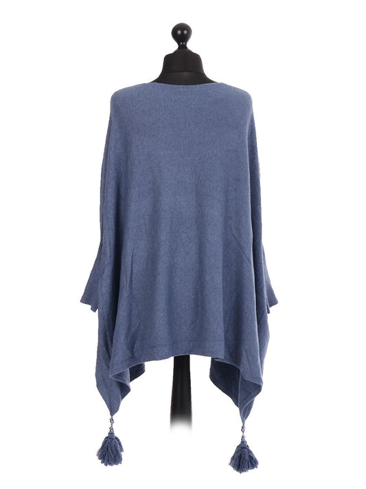 Italian Batwing Tassels Poncho - Denim