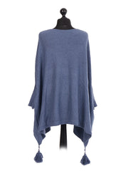 Italian Batwing Tassels Poncho - Denim