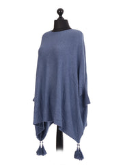 Italian Batwing Tassels Poncho - Denim