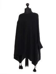 Italian Batwing Tassels Poncho - Black