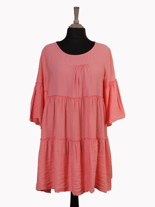 Italian Bell Sleeves Tiered Smock Top - Coral