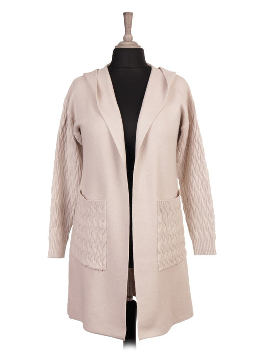 Italian Cable Knitted Hooded Coatigan With Pockets - Beige