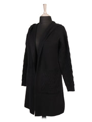 Italian Cable Knitted Hooded Coatigan With Pockets - Black