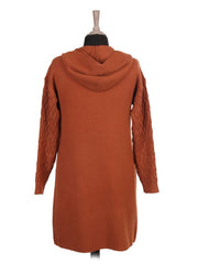 Italian Cable Knitted Hooded Coatigan With Pockets - Rust