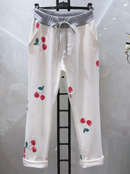 Italian Cherry Print Cotton Trousers - White