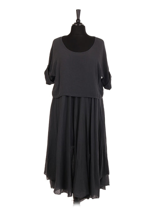 Italian Cotton 2 Piece Flare Maxi Dress with Shrug Top - Charcoal