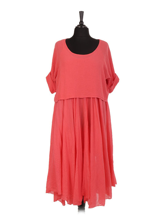 Italian Cotton 2 Piece Flare Maxi Dress with Shrug Top - Coral