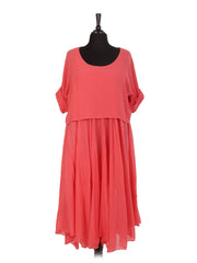 Italian Cotton 2 Piece Flare Maxi Dress with Shrug Top - Coral