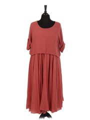 Italian Cotton 2 Piece Flare Maxi Dress with Shrug Top - Rust