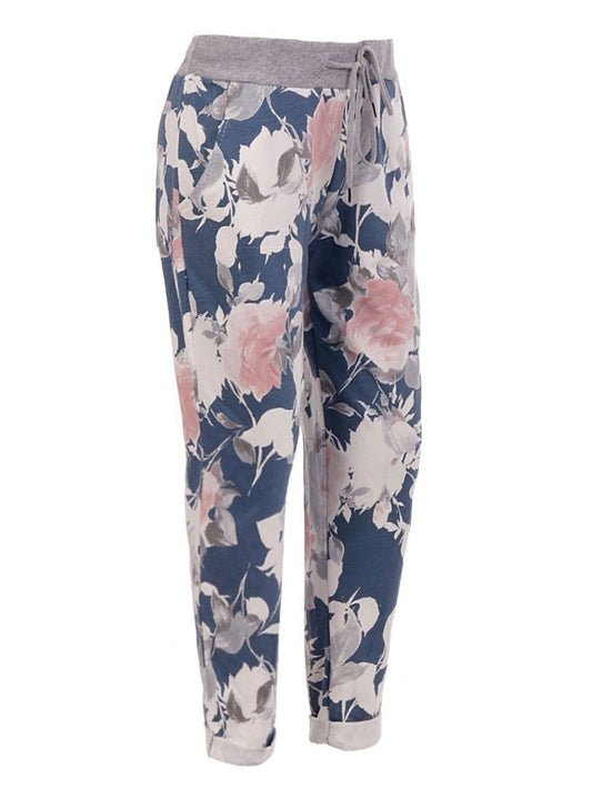 Italian Made Floral Print Cotton Trousers - Denim