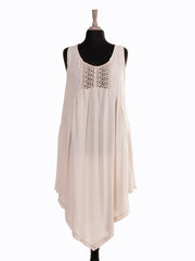 Italian Crochet Detail Handkerchief Hem Dress with Pockets - Beige