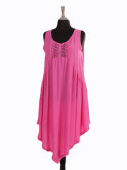 Italian Crochet Detail Handkerchief Hem Dress with Pockets - Cerise