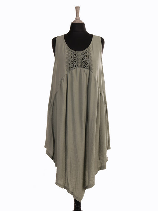 Italian Crochet Detail Handkerchief Hem Dress with Pockets - Khaki