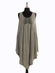 Italian Crochet Detail Handkerchief Hem Dress with Pockets - Khaki
