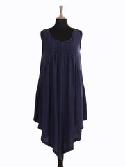 Italian Crochet Detail Handkerchief Hem Dress with Pockets - Navy