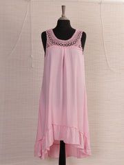 Italian Crochet Neck Frilled Hem Detail Dip Hem Dress - Baby Pink