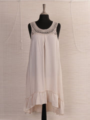 Italian Crochet Neck Frilled Hem Detail Dip Hem Dress - Beige