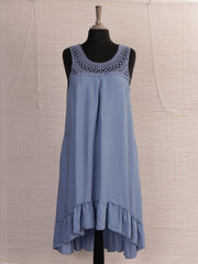 Italian Crochet Neck Frilled Hem Detail Dip Hem Dress - Denim